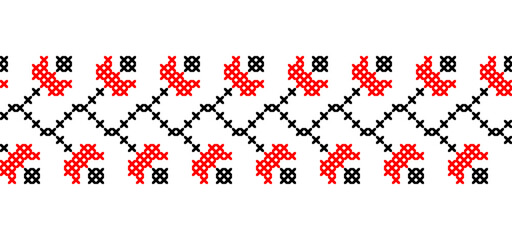 Ukrainian floral vector border pattern, ornament, print. Ukrainian folk, ethnic embroidery border pattern in red and black colors. Pixel art, vyshyvanka, cross stitch - obrazy, fototapety, plakaty