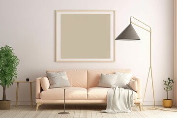 Living room interior with pastel sofa, lamp, and plant in vase on beige wall background. Poster mockup with vertical frame standing on floor. Generative AI