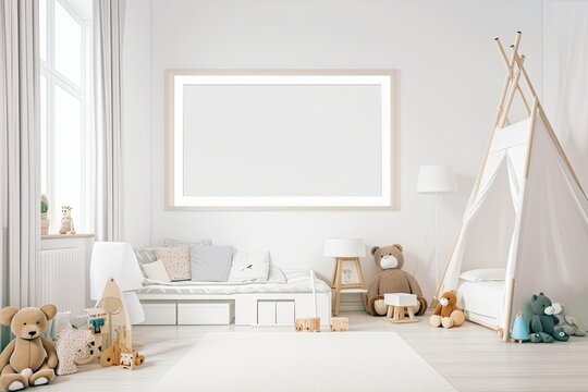 A modern children's room with a white wall and an empty horizontal picture frame. interior mockup in the Scandinavian design. Free photo copy space. bed, chair, and toys cozy space for children