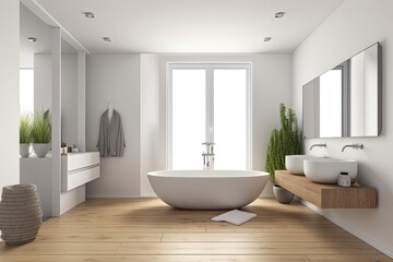 Obraz na płótnie Canvas White walls, an oak wooden floor, a wide mirror, and three sinks can all be seen in the front perspective of the bathroom. a mockup. Generative AI