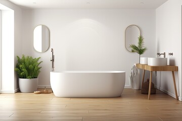 Fototapeta na wymiar Interior of bathroom with bathtub and two sinks, deck mounted soap and gel dispenser, towel rack, and large plant in pot on parquet floor. blank space for wall copy,. Generative AI