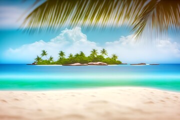 Sunny tropical beach with palm trees and turquoise water on summer day, island vacation, generative ai illustration, summer holiday