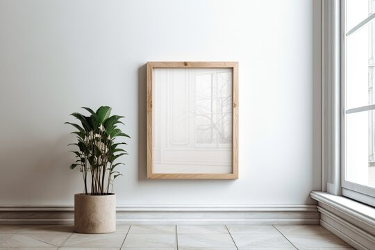 On a white wall, a light wooden frame with an empty photograph hangs. Template for presentations, portfolios, and graphic designers. Generative AI