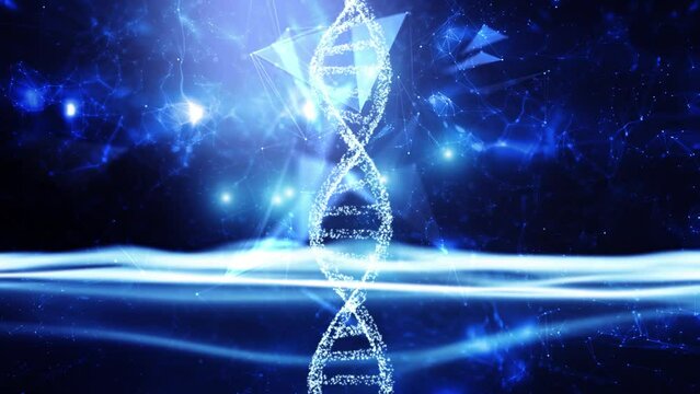 Dark blue glowing light with 3d dna chain rotation