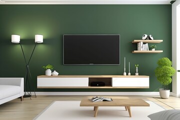 Modern living room with TV on green wall. Generative AI