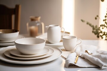 White porcelain dinnerware dishes are displayed on a tablecloth in a domestic kitchen. Generative AI