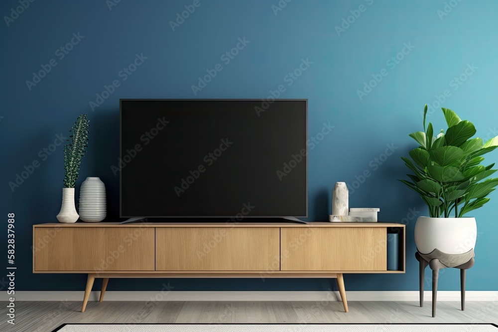 Wall mural TV cabinet in a contemporary living room with a background of a blank blue wall. Generative AI