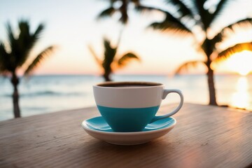 Mug with coffee on the table against the background of palm trees, Generative AI.