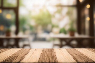 Modern cozy outdoor restaurant with green plants, blurred background with wooden table for product and text placement, generative ai