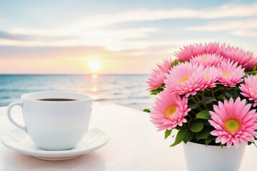 A mug with coffee on a table with pink flowers, a tropical island in the background of the sea, Generative AI.