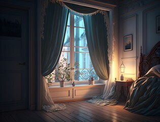 Summer night in the bedroom, bedroom interior with a window on a summer night, generative ai
