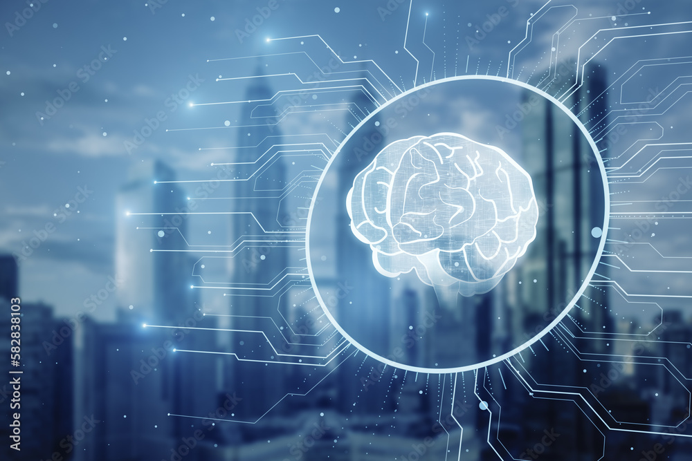 Poster Glowing circuit brain hologram on blurry city backdrop. Neural network. IQ testing, artificial intelligence virtual emulation science technology concept. Brainstorm think idea. Double exposure.