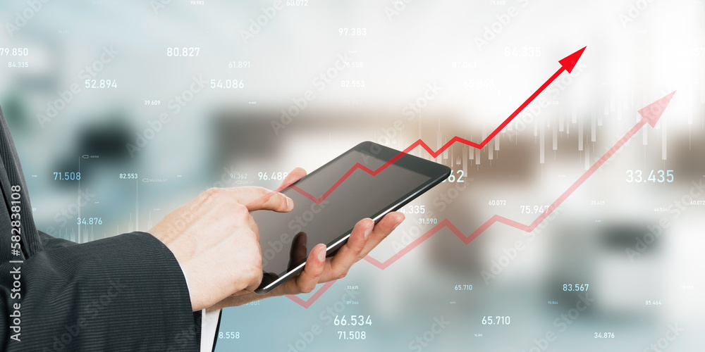 Poster close up of businessman using cellular phone with growing red business chart arrow on blurry office 