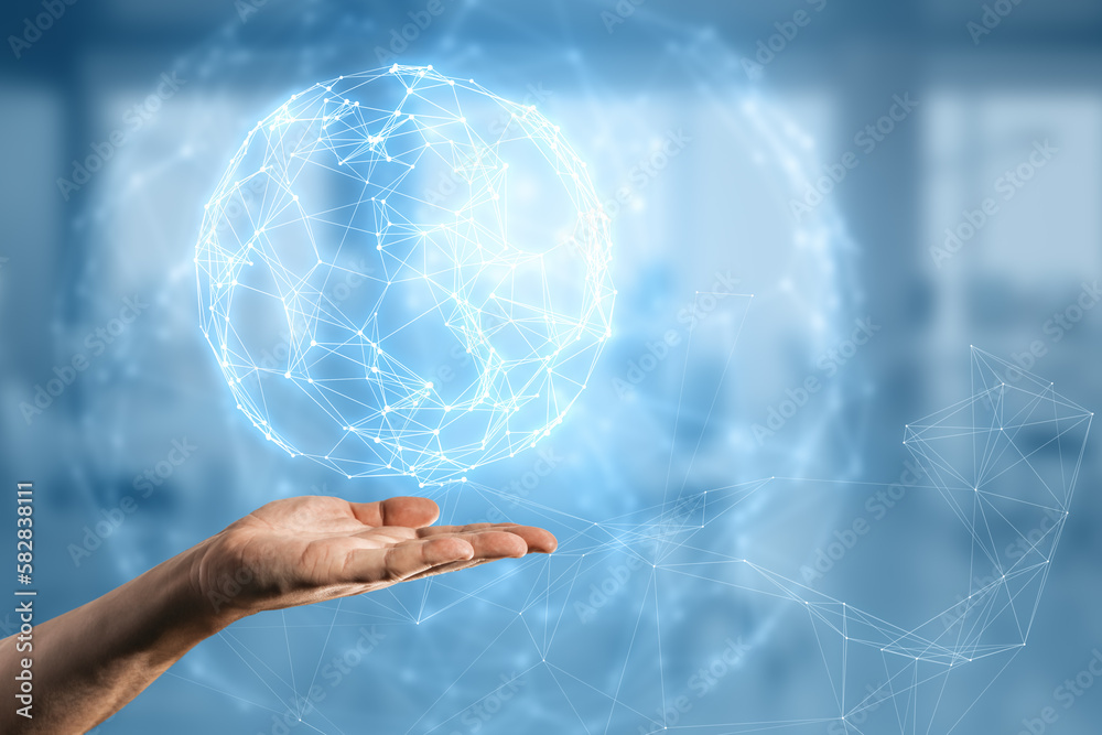 Poster Close up of male hand using glowing polygonal globe hologram on blurry background. Connection Structure. Digital Data Visualization. Social Network Graphic Concept.