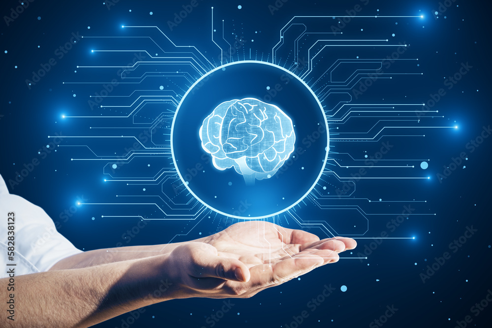 Poster Close up of male hands holding glowing circuit brain hologram on blurry background. Neural network. IQ testing. Brainstorm think idea.