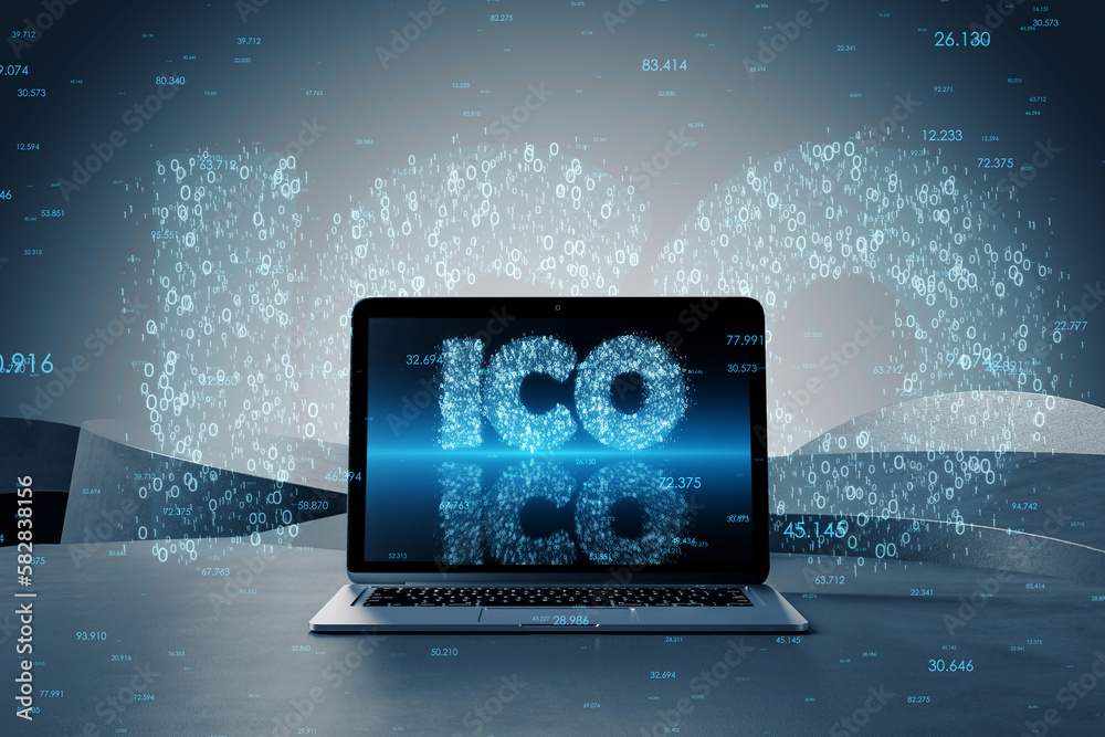 Poster Close up of laptop computer with glowing ICO hologram on blurry background. Initial coin offering, education and development concept. 3D Rendering.