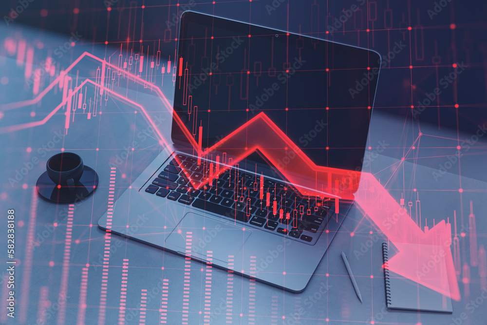 Poster close up of laptop on desktop with coffee cup, notepad and red candlestick arrow going down on blurr