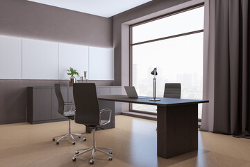 Stylish bright office interior with furniture and equipment, window with city view and curtain. 3D Rendering.