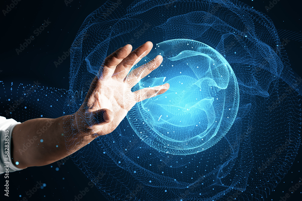 Poster Close up of man hand using polygonal globe hologram on dark background. World map with global social network. Future concept. Blue futuristic background with planet.