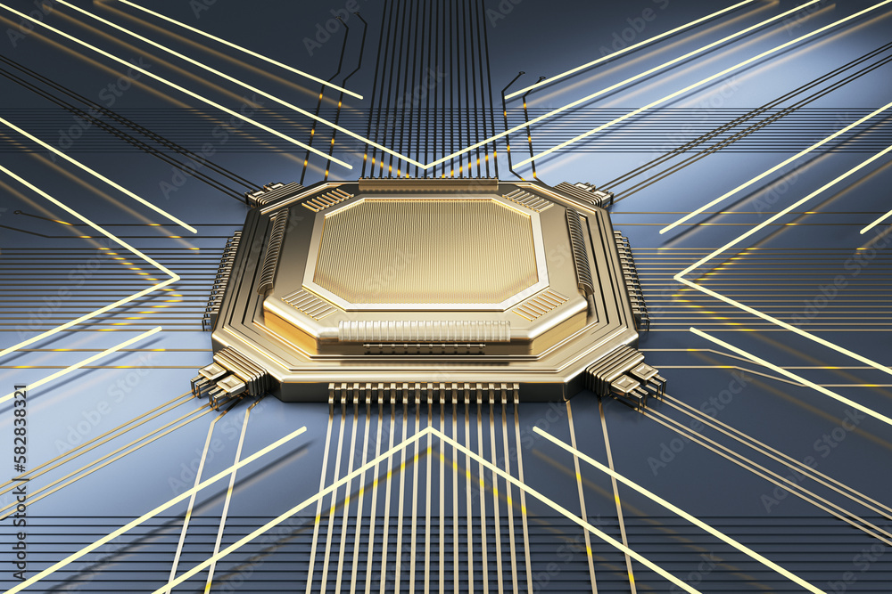 Fototapete creative empty golden chip on metal wallpaper with lines. mock up place. technology and motherboard,