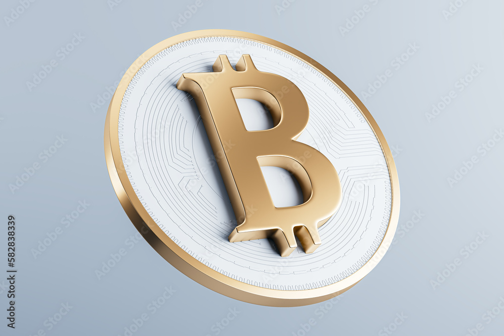 Poster golden bitcoin sign on light background. crypto and finance concept. 3d rendering.