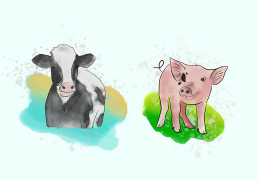 Watercolor realistic digital painting, farm animals_ cow and pig raster poster ready to print