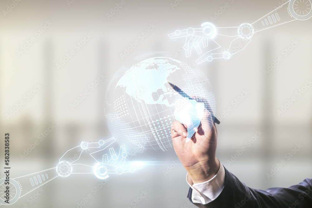 Poster man hand with pen working with abstract virtual robotics technology hologram with globe on blurred o