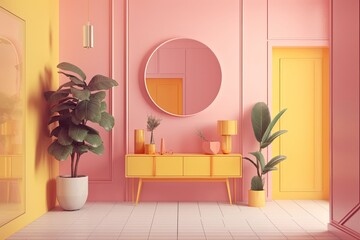 Interior in pink and yellow with picture frame, entryway cabinet, and other furnishings. Scene in a flat, monochromatic style. Generative AI