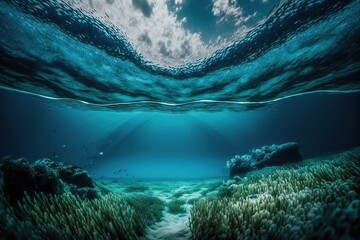 Underwater background with sea or ocean bottom and sun rays Ai
