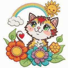 Cartoon colorful tapestry smiling cute kitten. Textured embroidery vector background illustration with pretty sweet little green eyes cat, clouds, sun, flowers, love heart, rainbow. Surface texture