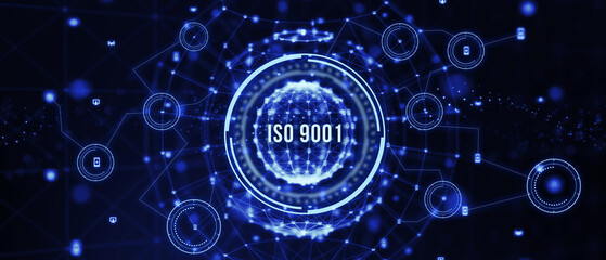 Business, technology, internet and network concept. Virtual screen of the future with the inscription: ISO 9001. 3d illustration