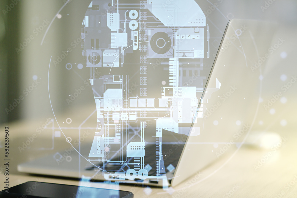 Aufkleber Double exposure of creative human head microcircuit with computer on background. Future technology and AI concept