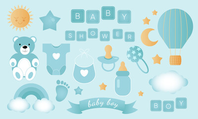 Baby shower set on blue background. It s a boy.