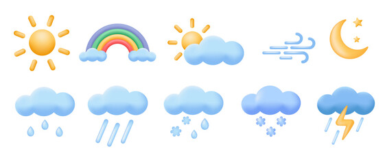 3d meteorology, weather or forecast icons set. Sun, moon, rainbow, clouds, wind, rain and snow. Vector illustrations isolated on white background.