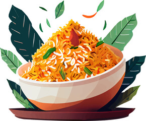 पारंपरिक भारतीय भोजन। पके हुए चावल. Rice dish. A deep bowl of rice and herbs. Illustration. 