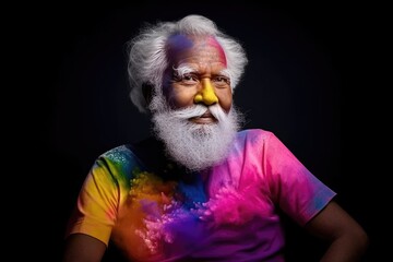 Old Asian man with thick white hair, beard and moustache in a vivid rainbow t-shirt - Generative AI