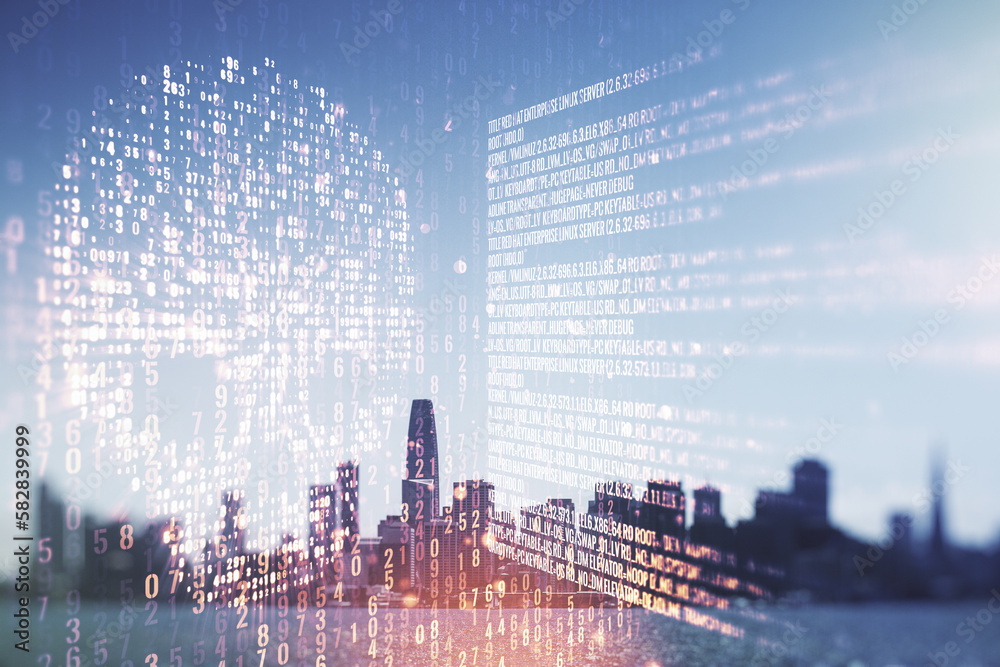 Poster abstract virtual code skull illustration on san francisco skyline background. hacking and phishing c