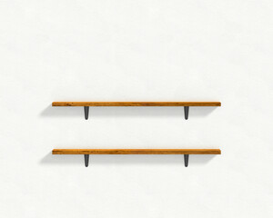 The white wall and two wooden shelves.