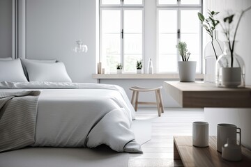 White architecture interior design with a wooden table top or shelf and minimalistic modern vases over a blurring contemporary luxury bedroom. Generative AI