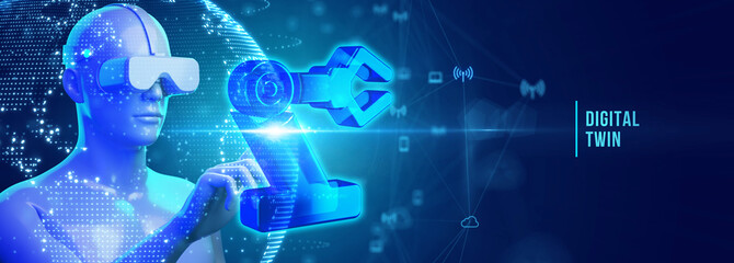 Digital twin industrial technology and manufacturing automation technology. 3d illustration