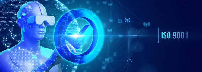 Business, technology, internet and network concept. Virtual screen of the future with the inscription: ISO 9001. 3d illustration