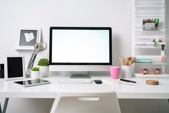 A close up of an artist's workstation featuring a computer with a blank screen, office supplies, and decorations on a white desk is seen against a hazy office room background. Generative AI