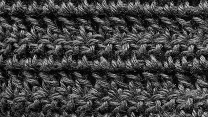 Black texture wool close-up, woven cloth, knitted fabric. Black knit cloth structure macro close up view.