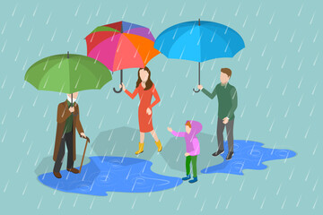 3D Isometric Flat Vector Set of People In A Rainy Day, Autumn Season