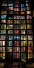 Tower of various floors with dot matrix windows of various color. Generative AI.