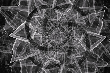 White pattern of curved shapes and waves on a black background. Abstract fractal 3D rendering