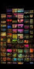 Tower of various floors with dot matrix windows of various color. Generative AI.