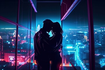 Silhouette of a young couple hugging on top of a skyscraper. Generative AI.