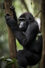 Obraz premium Teenager gorilla climbing on tree. Generative AI.