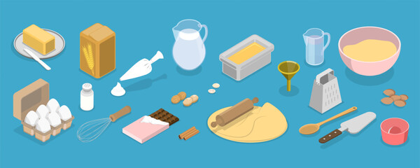 3D Isometric Flat Vector Set of Baking Items, Ingredients, Utensils and Tools